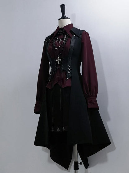 Wine Hemline Placket Shirt Vampire Pleated Lace Point Detailing and Lolita Ouji Triangle Red Collar