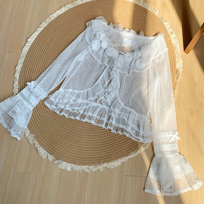 Sheer Flounce Dotted Sleeves Top Long White Trimming Tulle