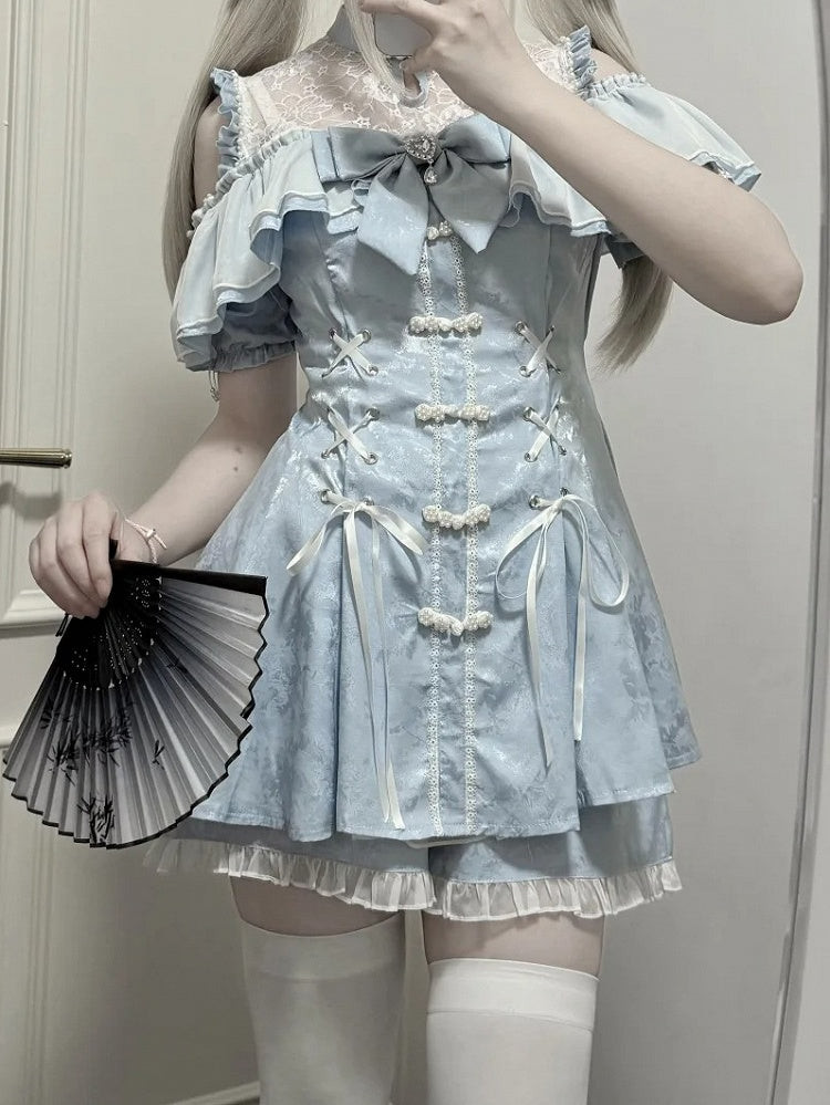 Shorts Bow Tie Cheongsam Light + Neckline Kei Style Set- Jirai Illusion Mini Dress Blue + Bell Sleeves