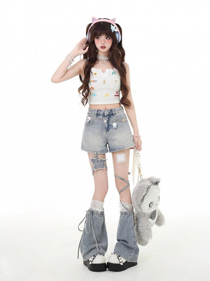 Y2K Butterfly Flared Leg Warmers Light and Garter Blue Denim Shorts with Detachable
