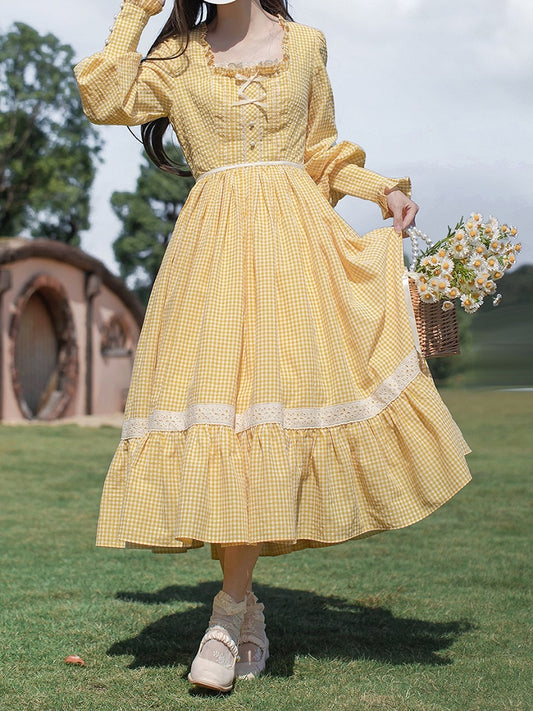 Gelbes Stück Süßes Lolita Taillenkleid Bischof Plaid Ärmel Hohe