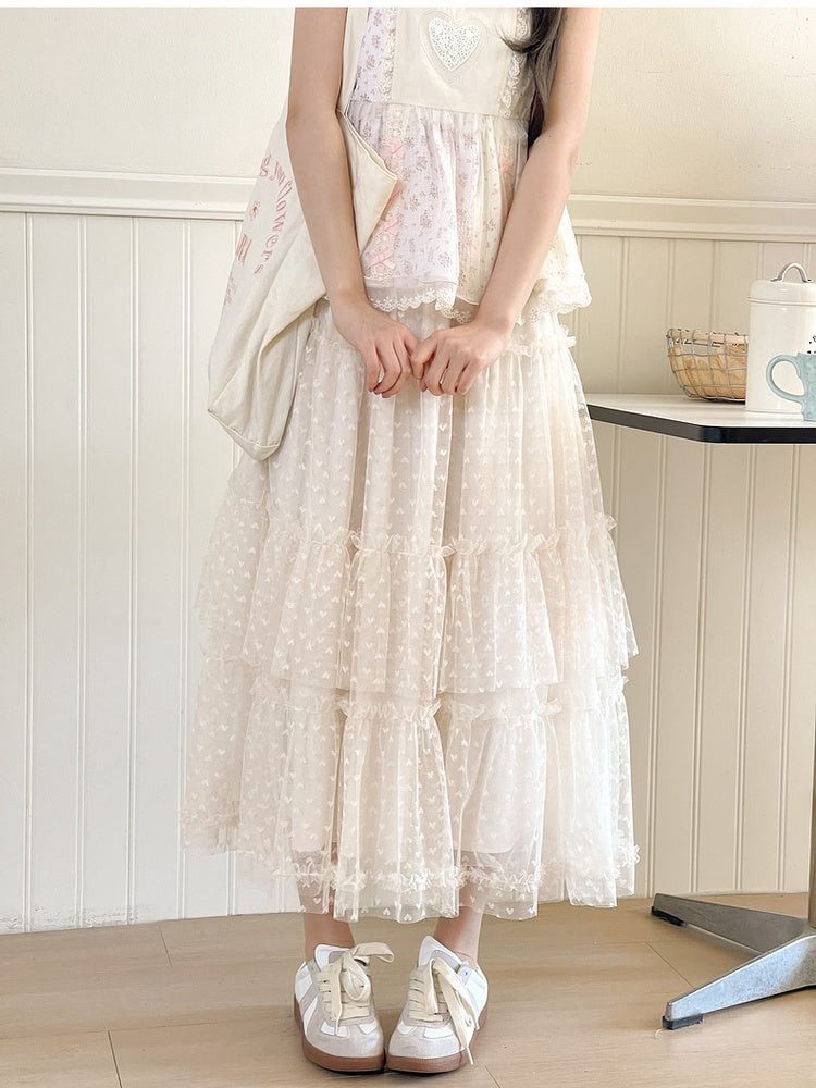 Apricot Elastic Waist Heart Pattern Mesh Tiered Skirt