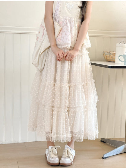 Apricot Elastic Waist Heart Pattern Mesh Tiered Skirt