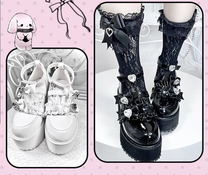 mit Landmine Matte 10cm Absatz Plateau Strasssteine ​​Chunky Glitter Weiß Bowknot Schuhe Stil Herz