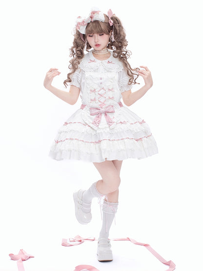Decorated Self-tie Bow Sweet Lolita White Heart Apron and Pink