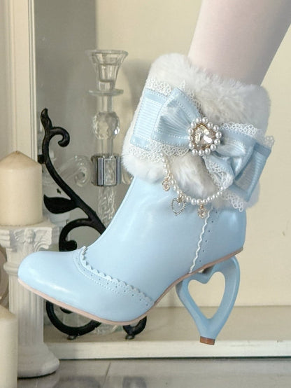 Sweet Leather Heel Boots Blue Style Bow PU Rhinestone - a with in Heart-Shaped Beaded Heart