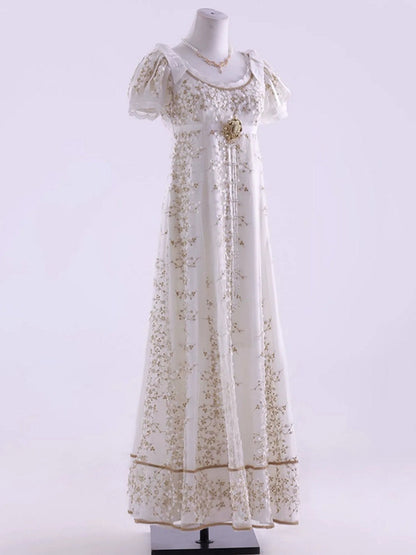 White Empire Waist Regency Elegant Lolita Maxi Dress Ankle Length Version
