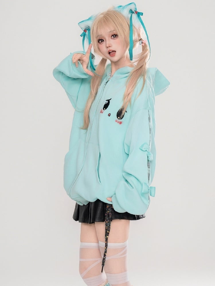 Cute Yami Kawaii Turquoise Blue/Pink Zip Hoodie with Sad Eyes