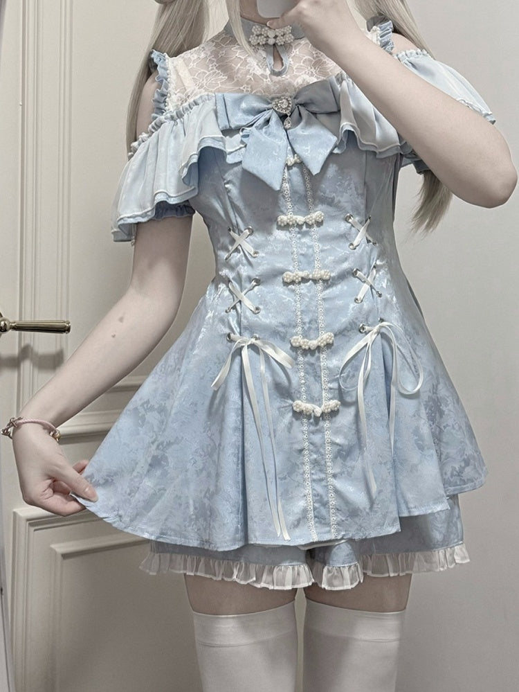Shorts Bow Tie Cheongsam Light + Neckline Kei Style Set- Jirai Illusion Mini Dress Blue + Bell Sleeves