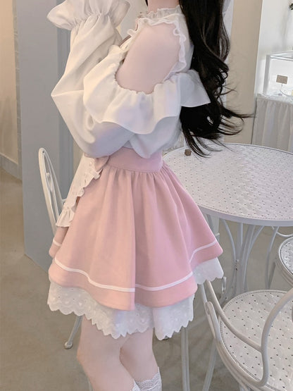 Pink & White Jirai Kei Full Set-Illusion Neckline Cutout Shoulder Top+Apron Design  Skirt+Bow Tie