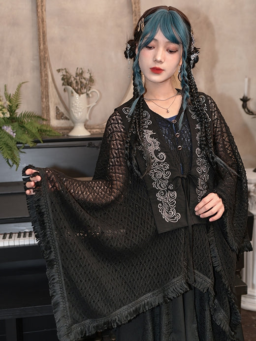 Tassel Embroidery Hem Black Cheongsam Cape Cardigan Style Detachable Seahorse with and Collar Hollow-out Coral