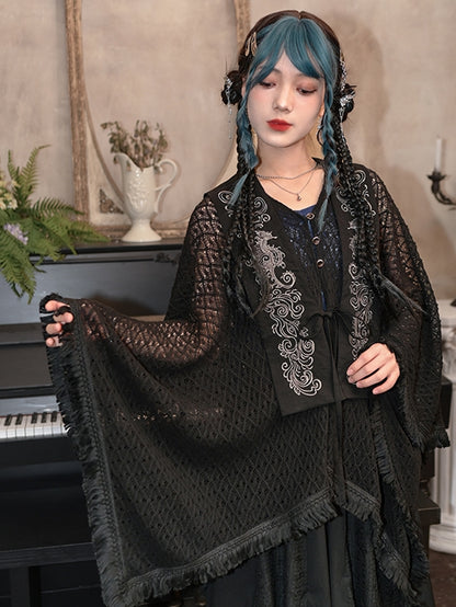 Tassel Embroidery Hem Black Cheongsam Cape Cardigan Style Detachable Seahorse with and Collar Hollow-out Coral