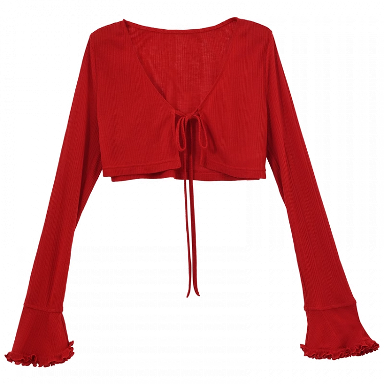 Knit Cardigan with Self-tie Strap Vintage Sweet Red Ruffled Cuffs