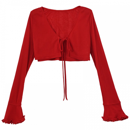 Knit Cardigan with Self-tie Strap Vintage Sweet Red Ruffled Cuffs