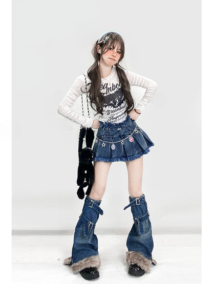 Y2K Vintage Dark Blue Distress Trim Denim Glamorous Skirt+Buckle Strap Plush Trim Leg Warmers
