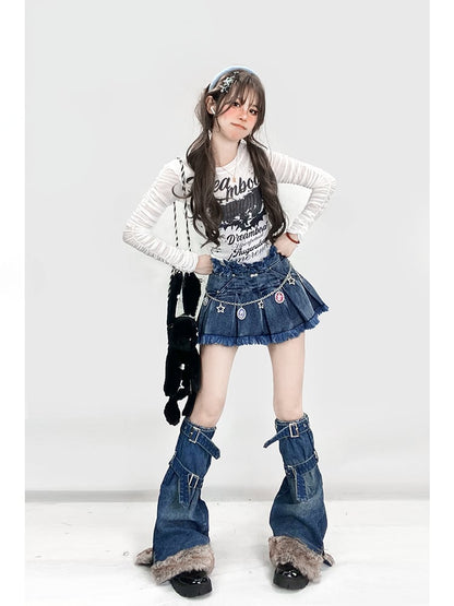 Dark Blue Distress Trim Box Pleat Denim Glamorous Skirt