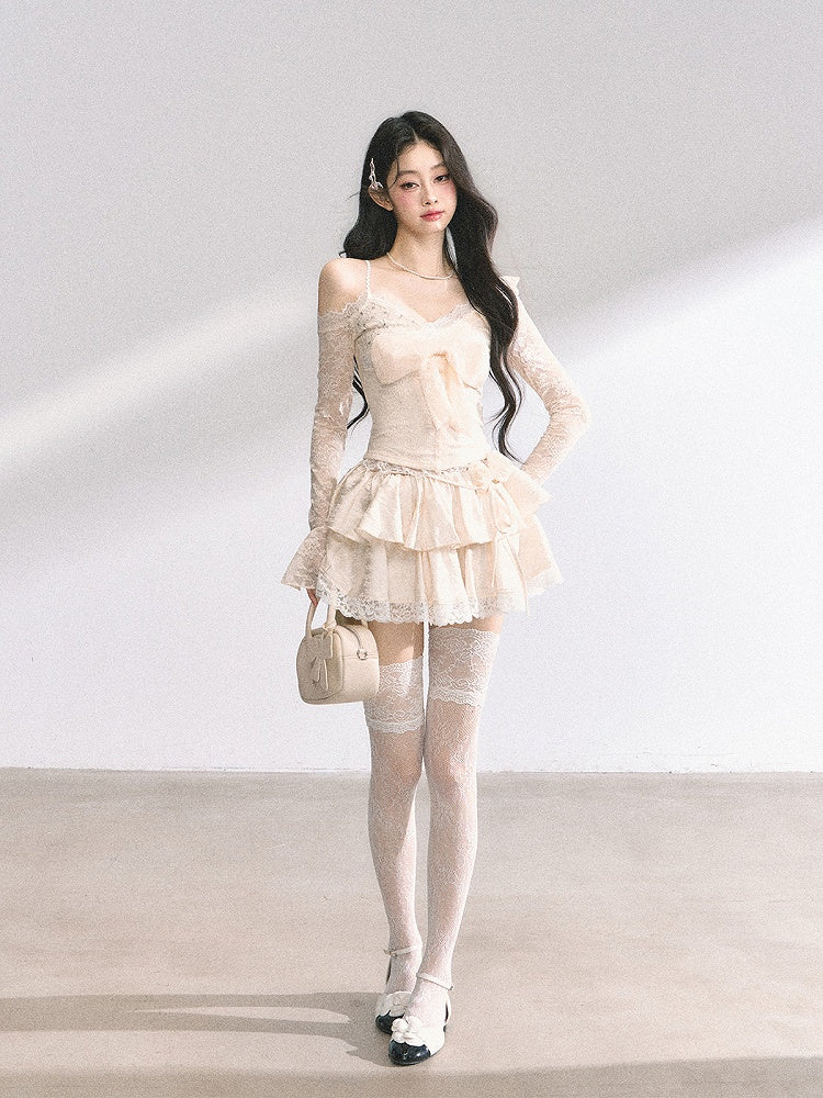 Shoulder Apricot V-Neck Cutout Big Bow Front Top