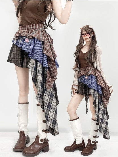 Millard Plaid Brown Skirt Tiered Fashion Asymmetrical Hem Pattern