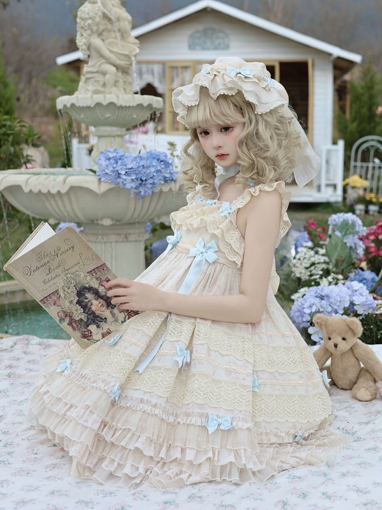 with Layered Dress Blue Accents Sweet Lolita Bow and Ruffles Sleeves Apricot Flutter