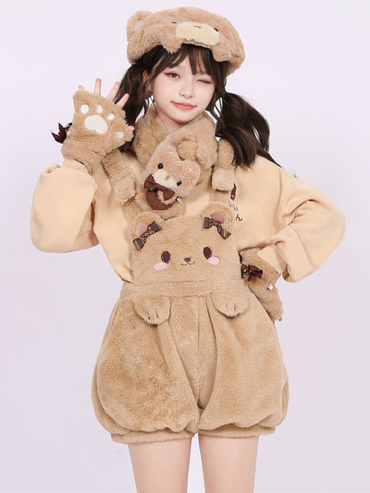 Coffee Cute Teddy Bear Plush Overall Shorts Bowknot Details