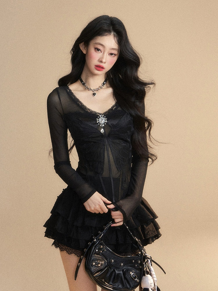 Rhinestone Embellished Glamorous Top Black V-neck Butterfly Embroidery