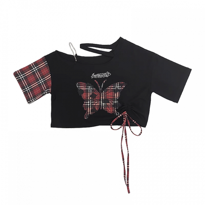 Rote Schmetterlingsapplikation Schwarz Asymmetrischer Ausschnitt T-Shirt Y2K Plaid