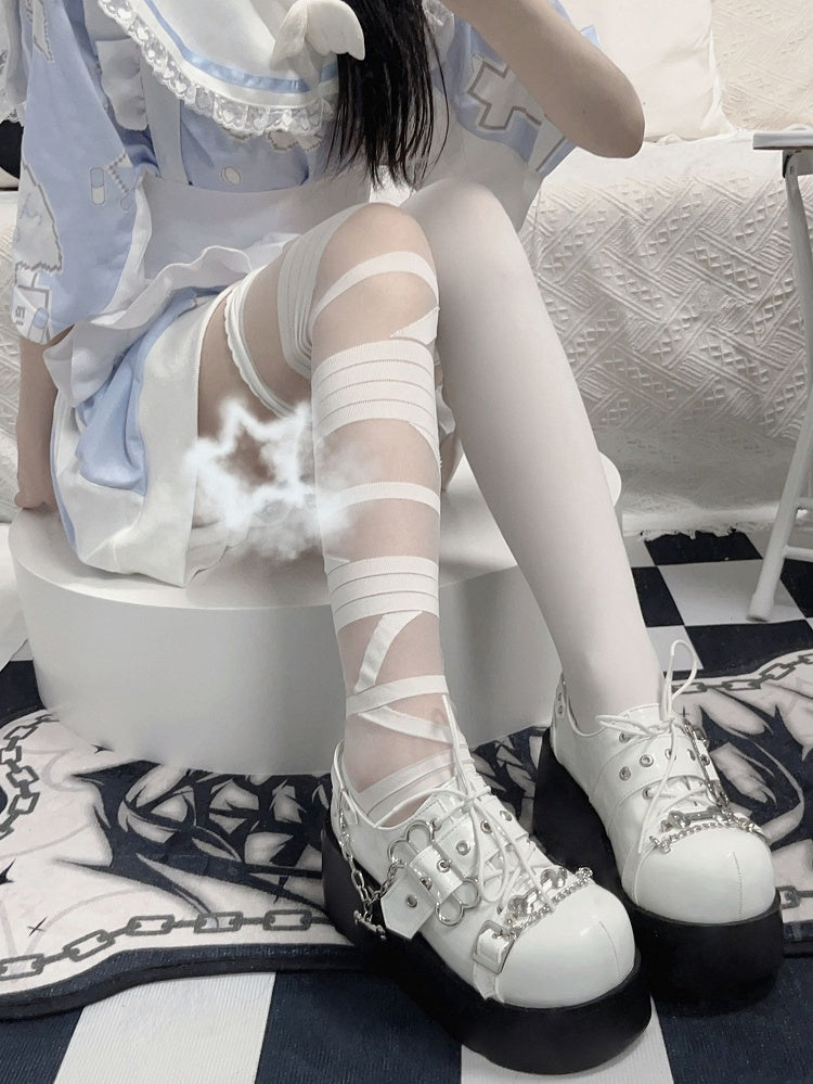 Jirai Kei Polished White Y2K Bone Buckle Strap Platform Shoes