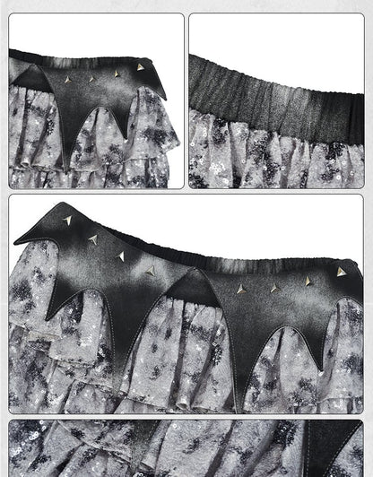 Fashion Waistband Skirt Low Y3K Waist Bat Wing Detail Sequins Tiered Cyberpunk Futuristic Silver Gray
