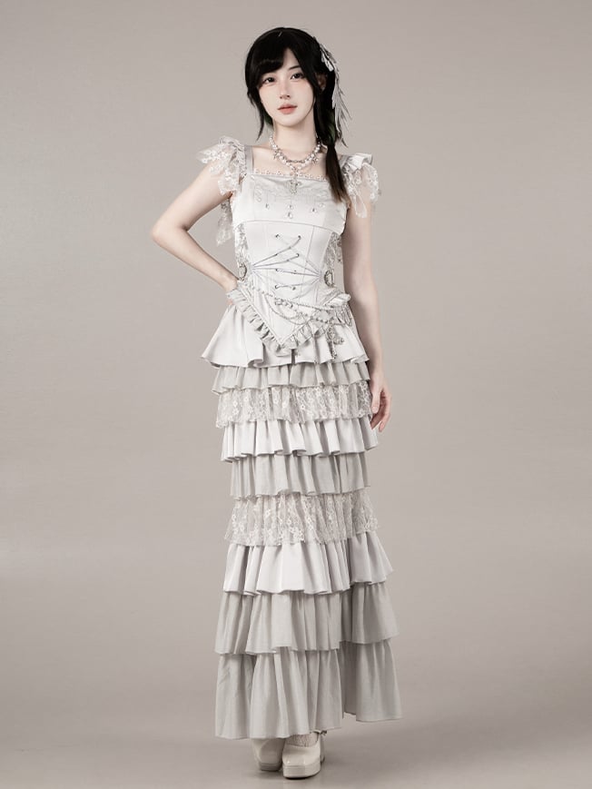 Veil Necklace Set - Silver Mermaid + Full Lolita Skirt Chain Tiered Top Waist Gothic Corset Head