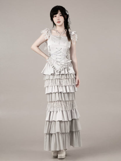 Veil Necklace Set - Silver Mermaid + Full Lolita Skirt Chain Tiered Top Waist Gothic Corset Head
