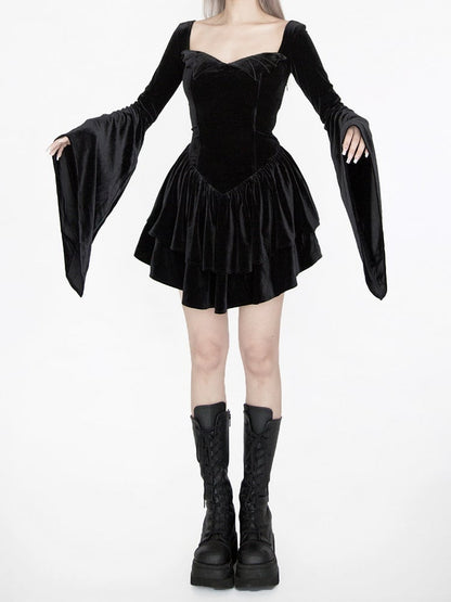 Gothic Black Velvet Bell Sleeves  Tiered Skirt Witch Dress