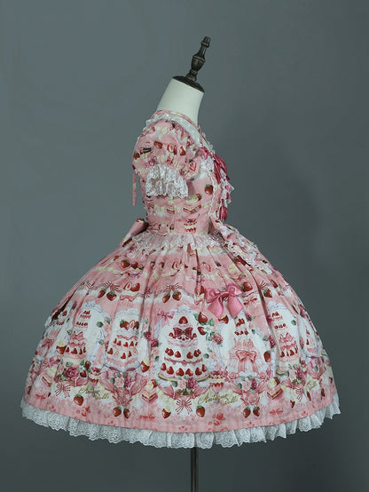 Dress Bow / Print Strawberry Lolita Full Cake Accents Sweet Pink Set