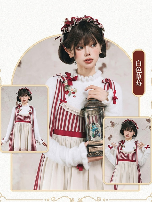on Embroidery Autumn Top Neckline White Cuffs Knit Bowknot Strawberry