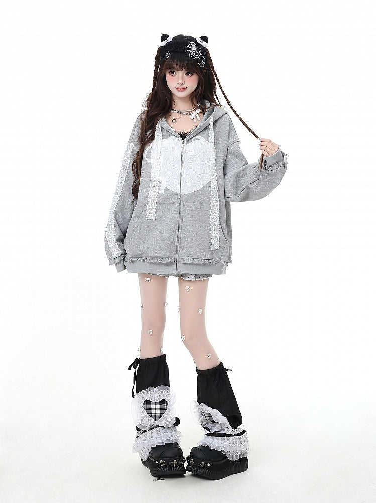 Light Gray Lace Applique Ruffled Trim Zip Closure Hoodie