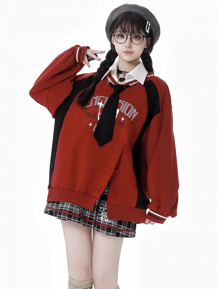 Red SideSlit Shirt Collar Preppy Style Sweatshirt with Free Tie