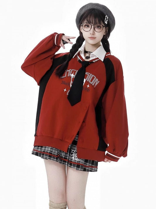 Red SideSlit Shirt Collar Preppy Style Sweatshirt with Free Tie