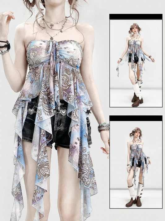 Blue Holiday Ruffle Print Top Tube Accents Design Cascading