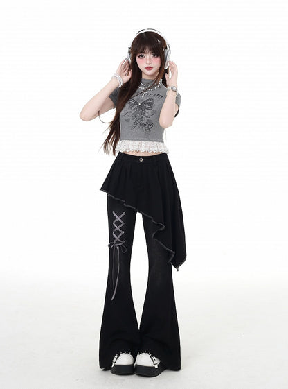 Waist Lace Belt Flared Pants Black Asymmetrical Hem Lace-up Faux Two-Piece Detail with