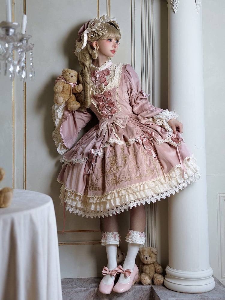 and Embroidery Candlestick Candle Bell Dress Pink Sleeves Velvet