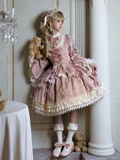 and Embroidery Candlestick Candle Bell Dress Pink Sleeves Velvet