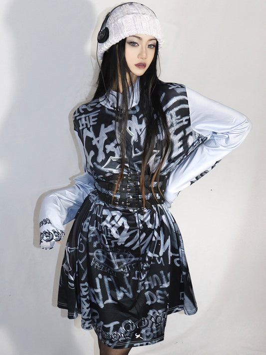 Fashion Print Gyaru Gray Letter Dress