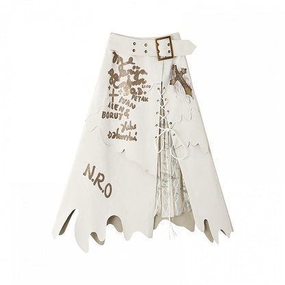 White Asymmetrical Hem Lace-up Skirt with Lace Patches