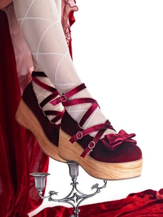 Straps Mary Crisscross - Platform Velvet Accents Lolita Bow Wine Sweet Red Janes