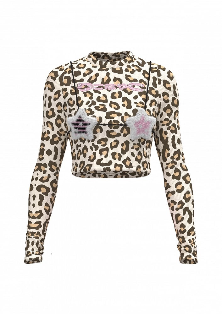 Top Glamorous Cropped Fashion Leopard Gyaru Slim-fitting Pattern