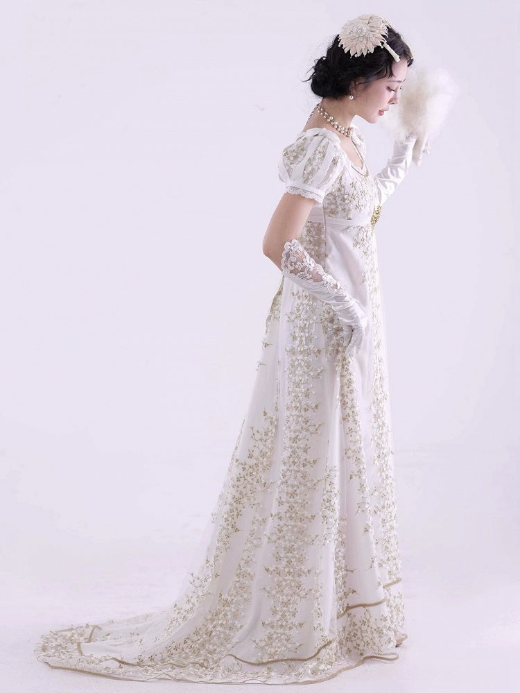 White Empire Waist Floral Elegant Lolita Maxi Dress Floor Length Version