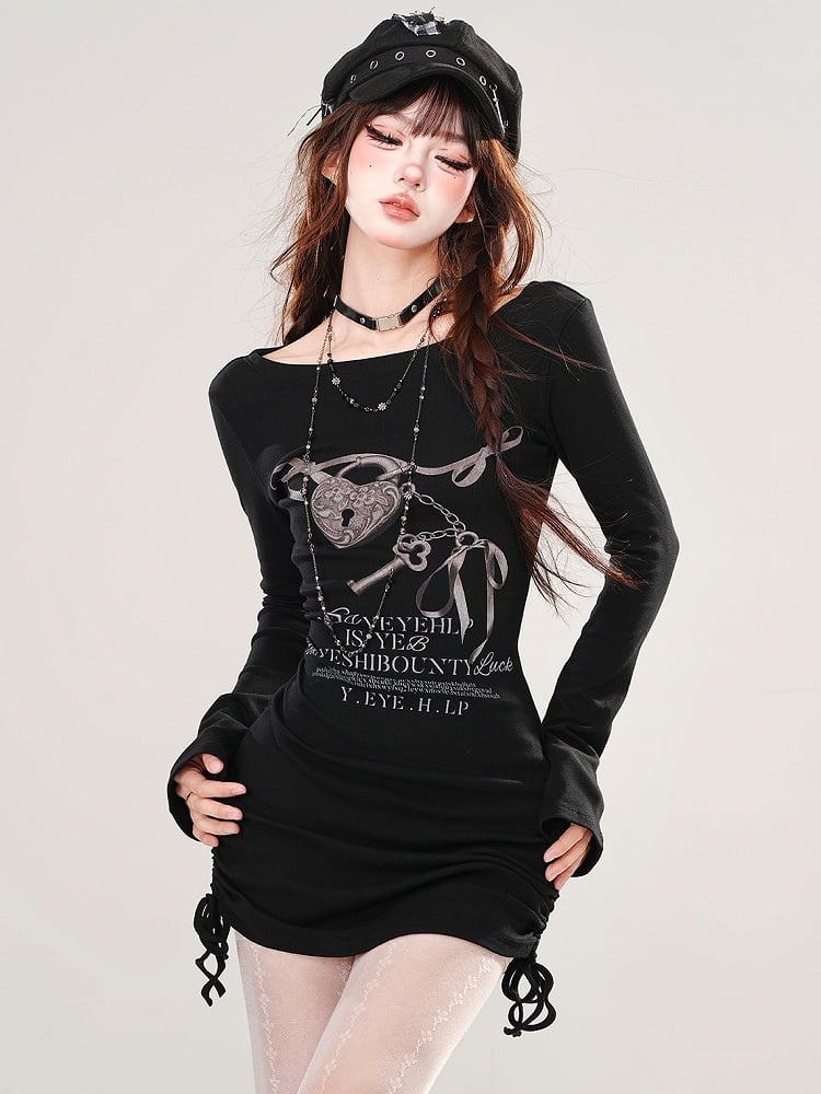 Black Print Lock Heart Dress Drawstring Mini Skirt