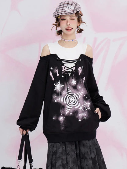 Black Star Fake Two-piece Cutout Shoulder Sweatshirt