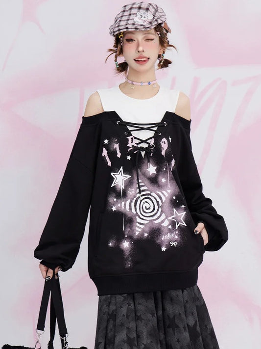 Black Star Fake Two-piece Cutout Shoulder Sweatshirt