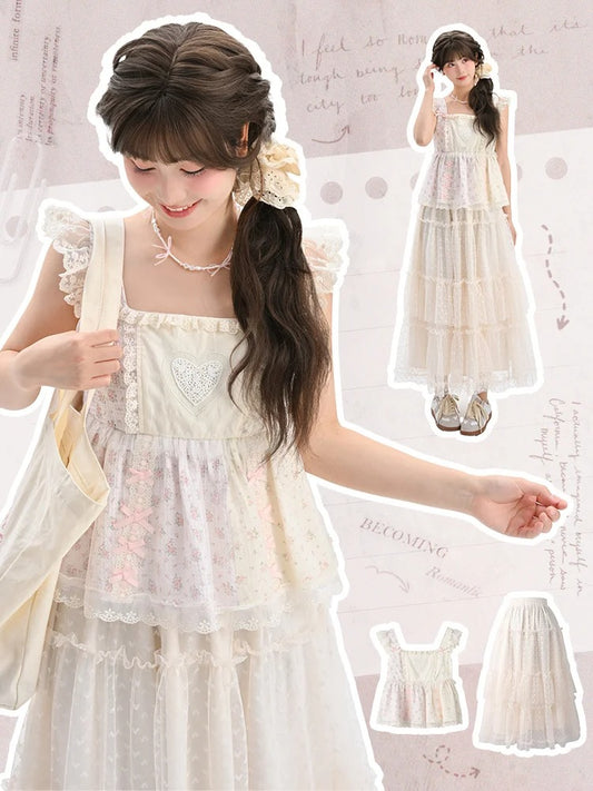 Pink Flutter Sleeve Bowknot Ruffled Floral Tank Top Lace Trim Details