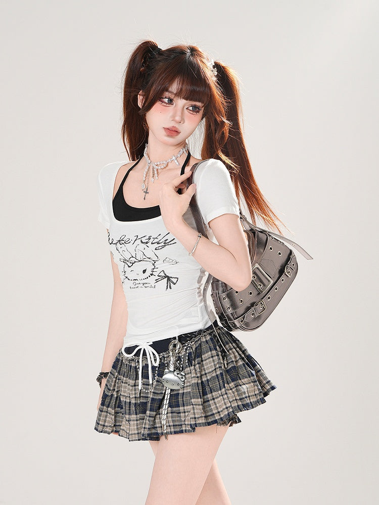 Top T-shirt Halter Print Set Bunny Red/White Neck Black with